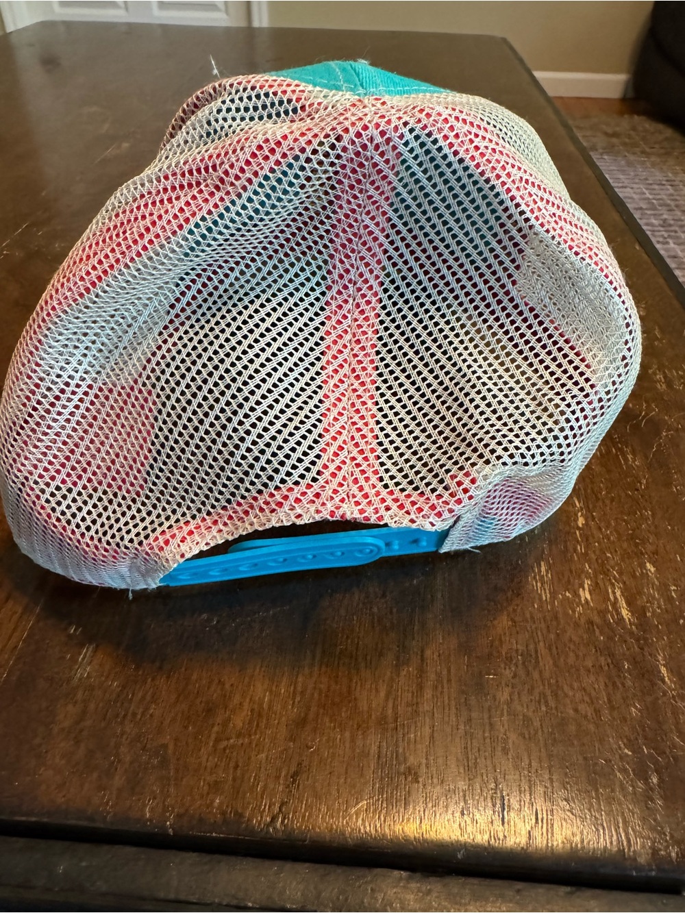 "Barn Hair Don't Care" Teal and Coral Mesh Trucker Hat - Picture 4 of 4